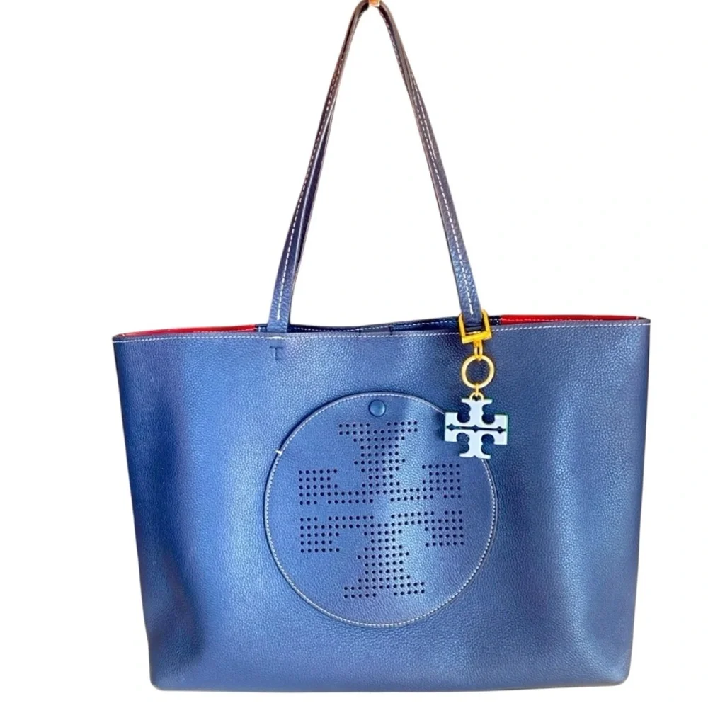 TORY BURCH Navy Blue Leather Perforated Logo Tote, Authentic. EUC